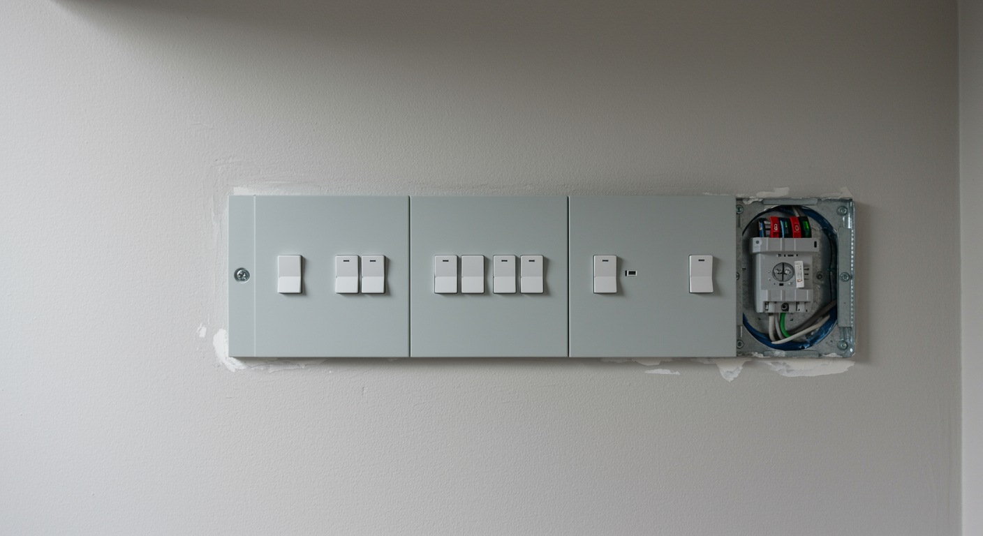 Modern consumer unit replacement in utility room by electrician in Welwyn Garden City, showing completed electrical installation with clean, professional finish