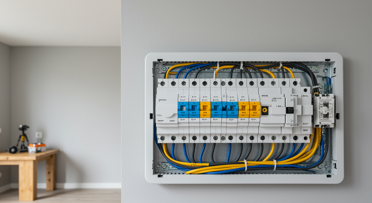 completed electrical inspection showing an organized modern fuse board with clean wiring in a well-lit contemporary home