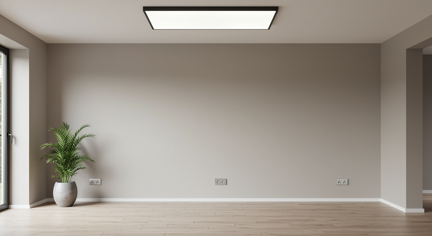 Professional electrician completed electrical installation in a modern living room with new ceiling lights and wall outlets, clean and finished