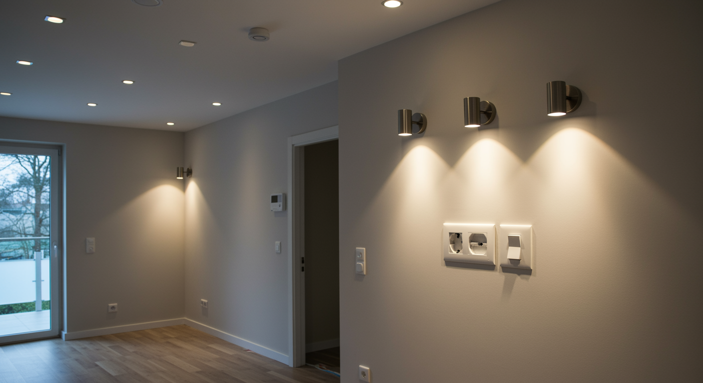 Beautifully lit modern living room featuring new electrical fixtures, expertly installed outlet and switch, showcasing emergency electrical support service with a flawless, inviting space