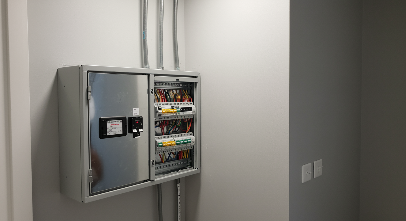 Newly upgraded modern fuse board in a tidy utility area with chrome finishes and clean white walls, installed by a professional electrician in Welwyn Garden City
