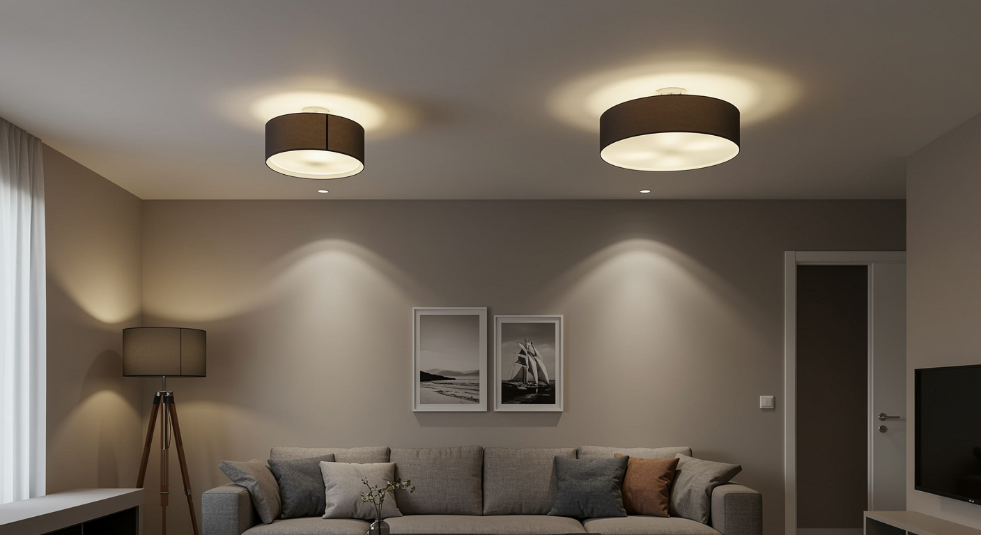 Bright modern living room with newly installed ceiling lights and recessed spotlights by electrician in Welwyn Garden City
