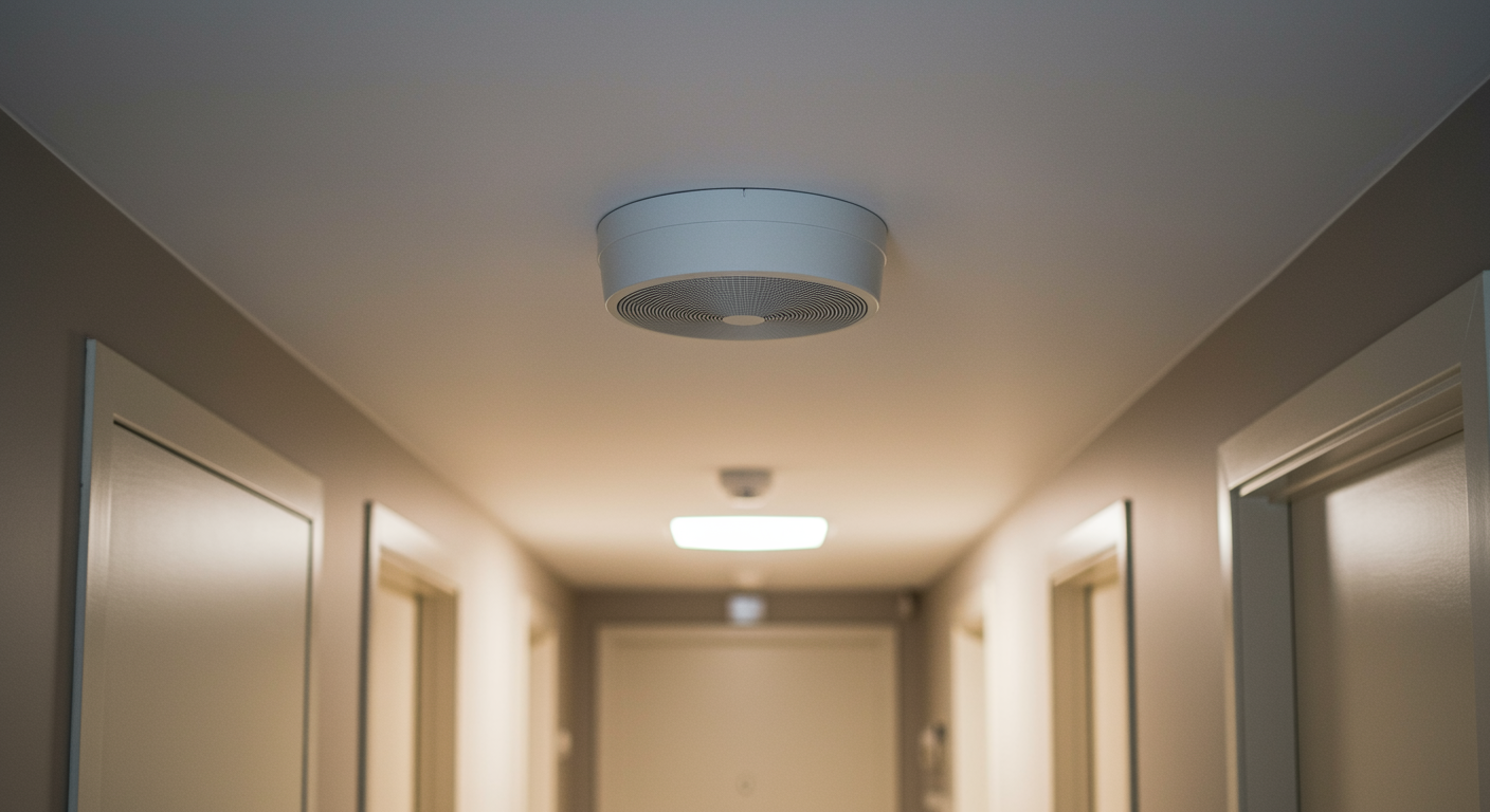 Newly installed smoke alarm on ceiling in modern hallway by electrician in Welwyn Garden City